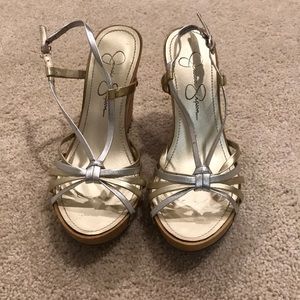 Jessica Simpson silver/gold metallic cork wedges